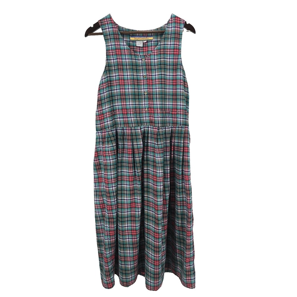 Vintage Bryn Connelly Dress Womens 8 Plaid Sleeveless Button Front Cotton 90s